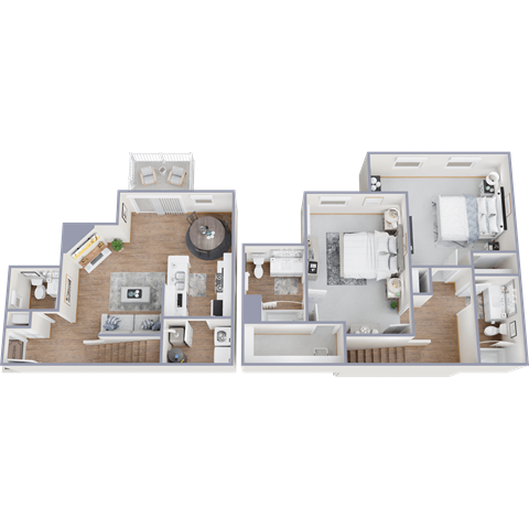 A floor plan of a two-bedroom apartment with a kitchen and living room.